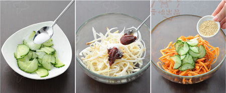 凉拌桔梗<a href=/shicai/shucai/HuangGua/index.html target=_blank><u>黄瓜</u></a>步骤3-4
